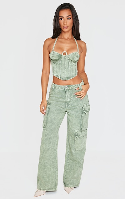 Petite Washed Green Denim Cargo Jeans