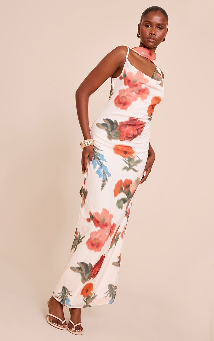 White Floral Print Chiffon Scarf Maxi Dress image 3