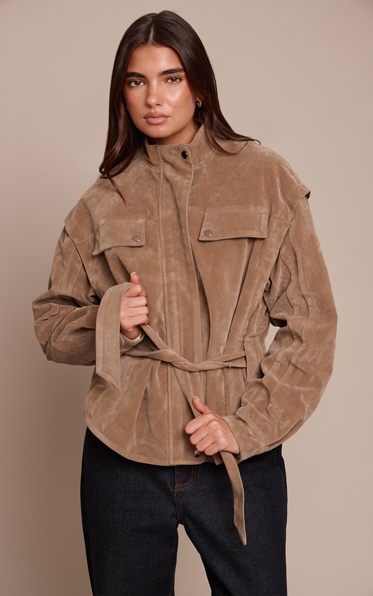 Mushroom Faux Suede Belted Drop Waist Jacket | Outerwear | PLT