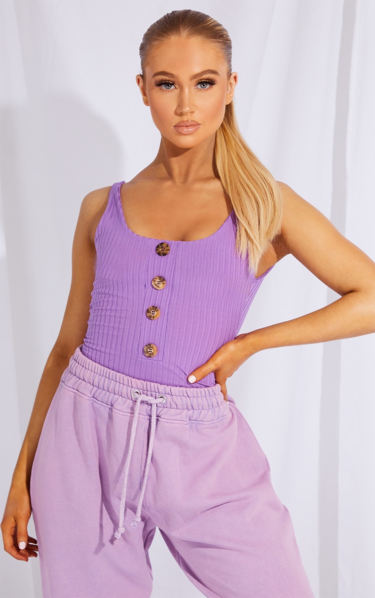 Purple Rib Button Front Thong Bodysuit