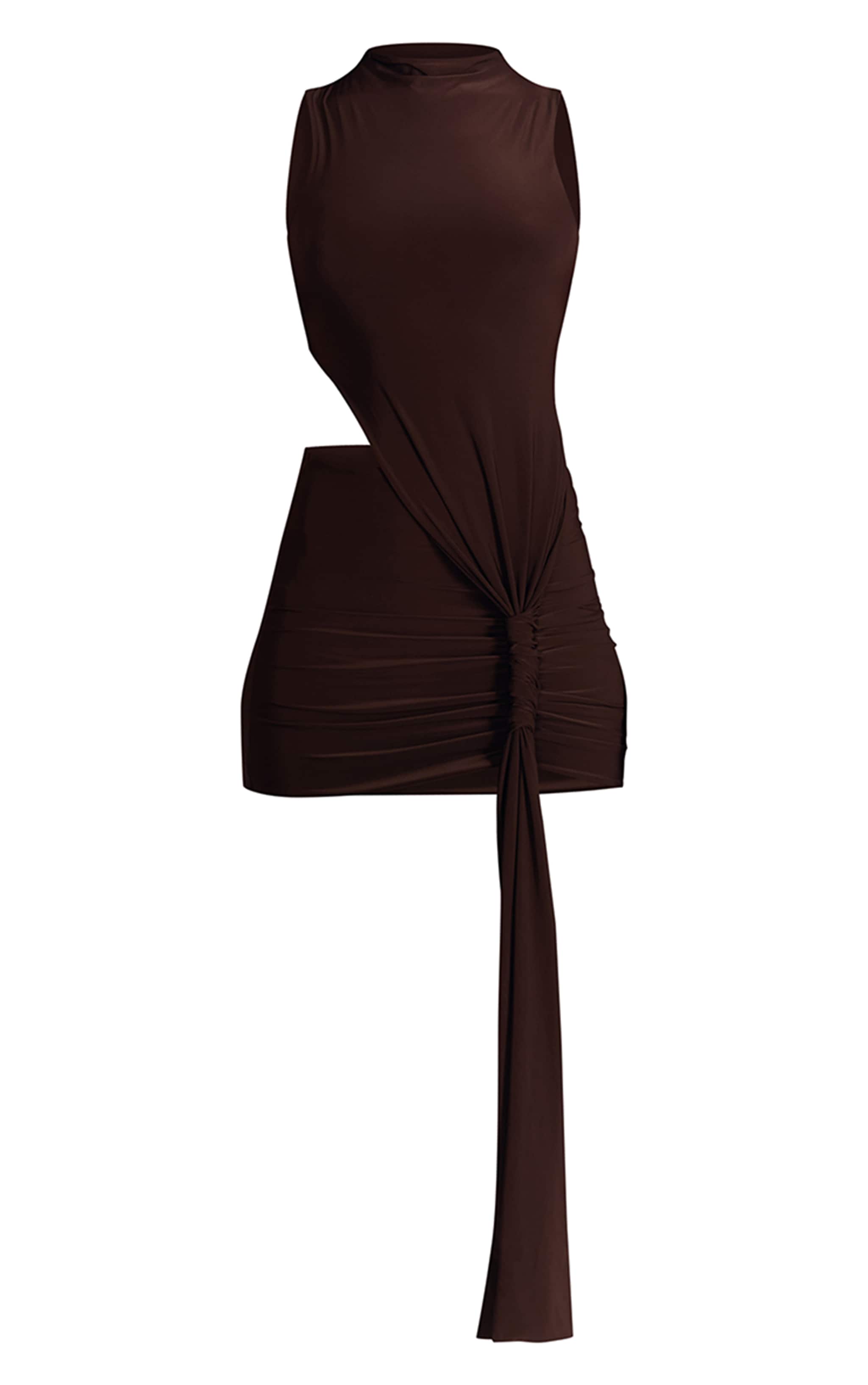Chocolate Slinky Cut Out Ruched High Neck Mini Dress image 5