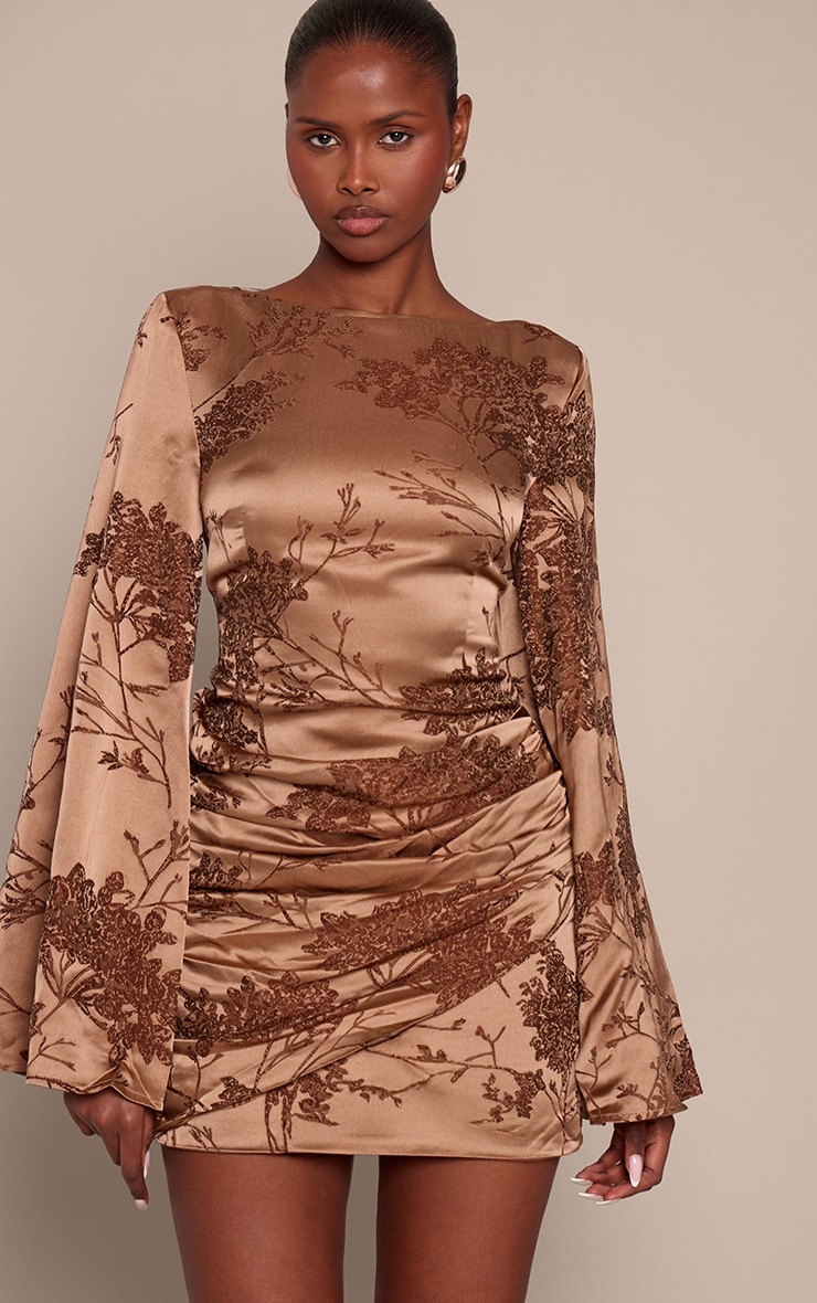 Gold Jacquard Boat Neck Flute Sleeve Mini Dress image 1