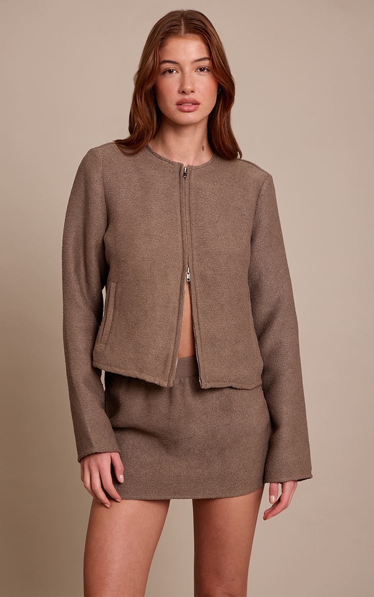 Mushroom Boucle Zip Up Bomber Jacket