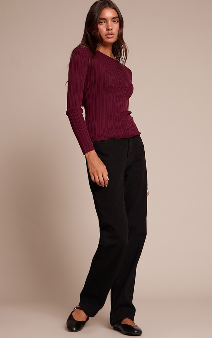 Burgundy Fine Knit Boat Neck Rib Knit Top image 3