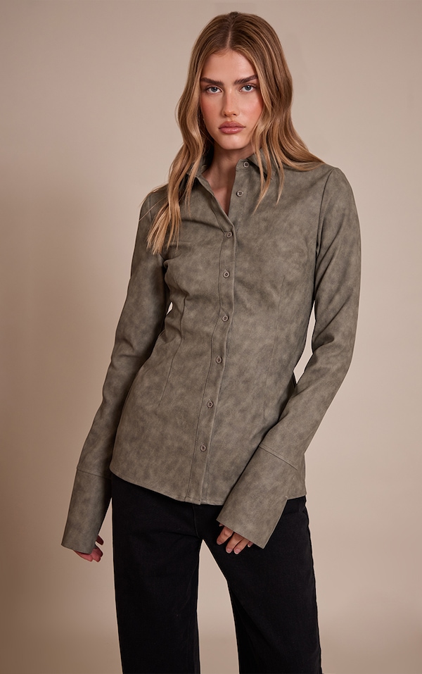 Olive Textured Faux Leather Fitted Shirt