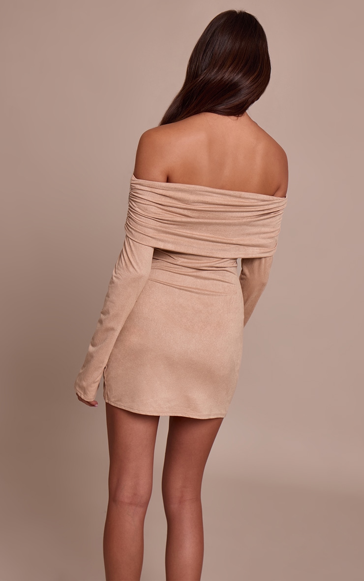 Cream Faux Suede Bardot Long Sleeve Bodycon Dress image 2