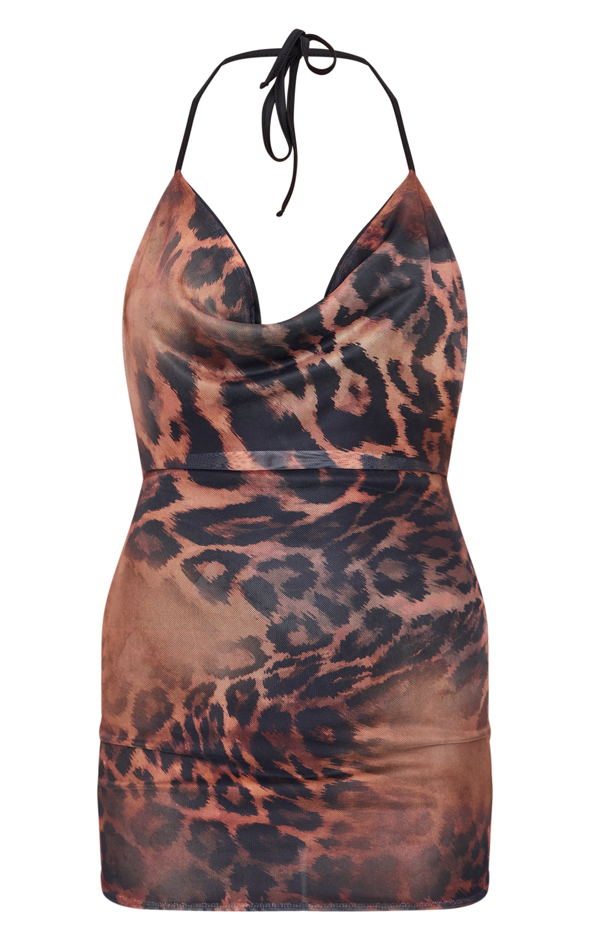 Brown Printed Slinky Cowl Neck Mini Dress image 5
