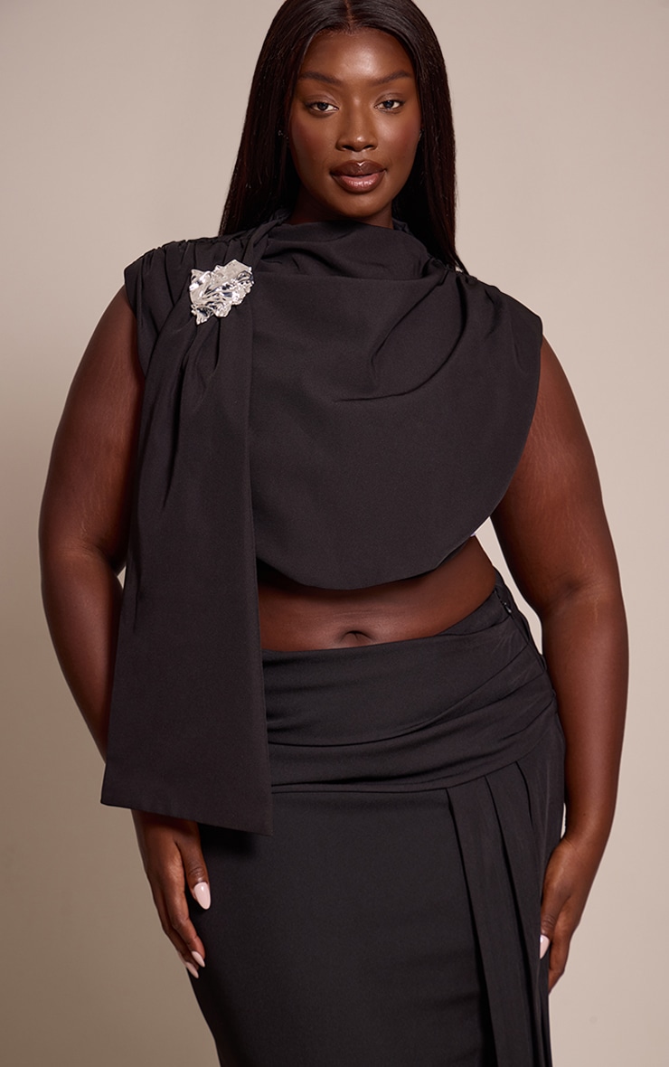 Plus Premium Black Woven Trim Detail Draped Crop Top