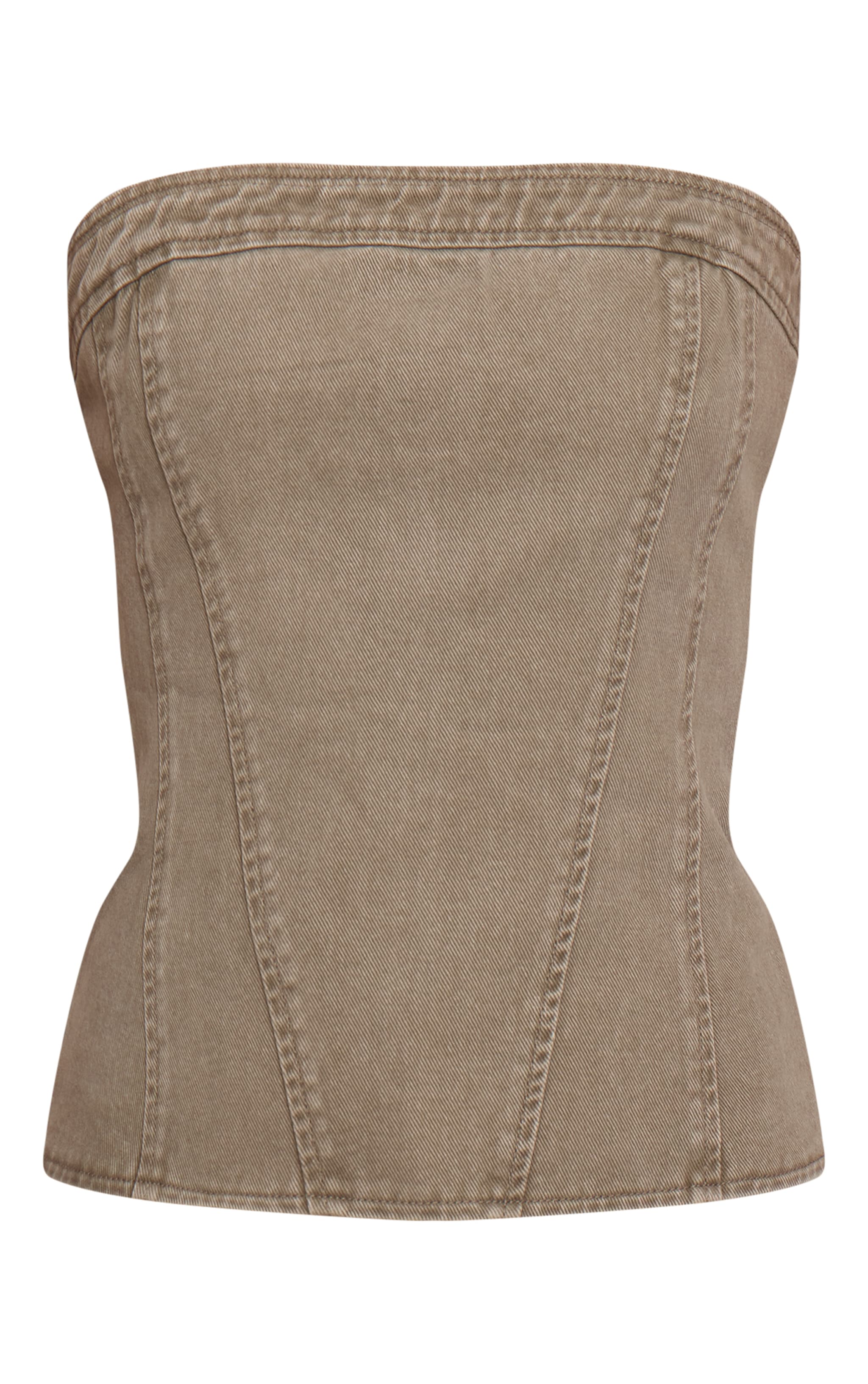 Tall Washed Khaki Strapless Bustier Detail Denim Corset Top image 5