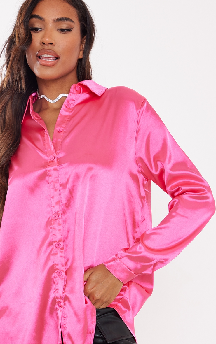 Hot Pink Satin Button Front Shirt image 4