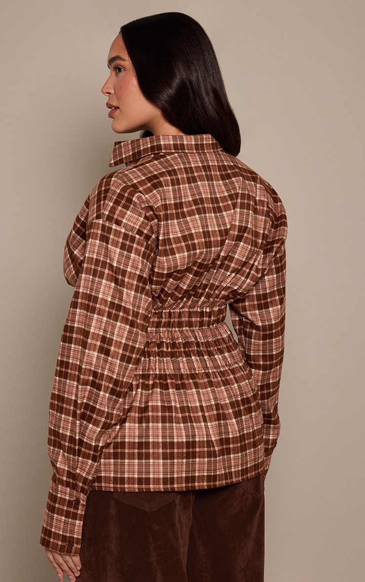 Plus Brown Check Shirred Waist Shirt  image 2