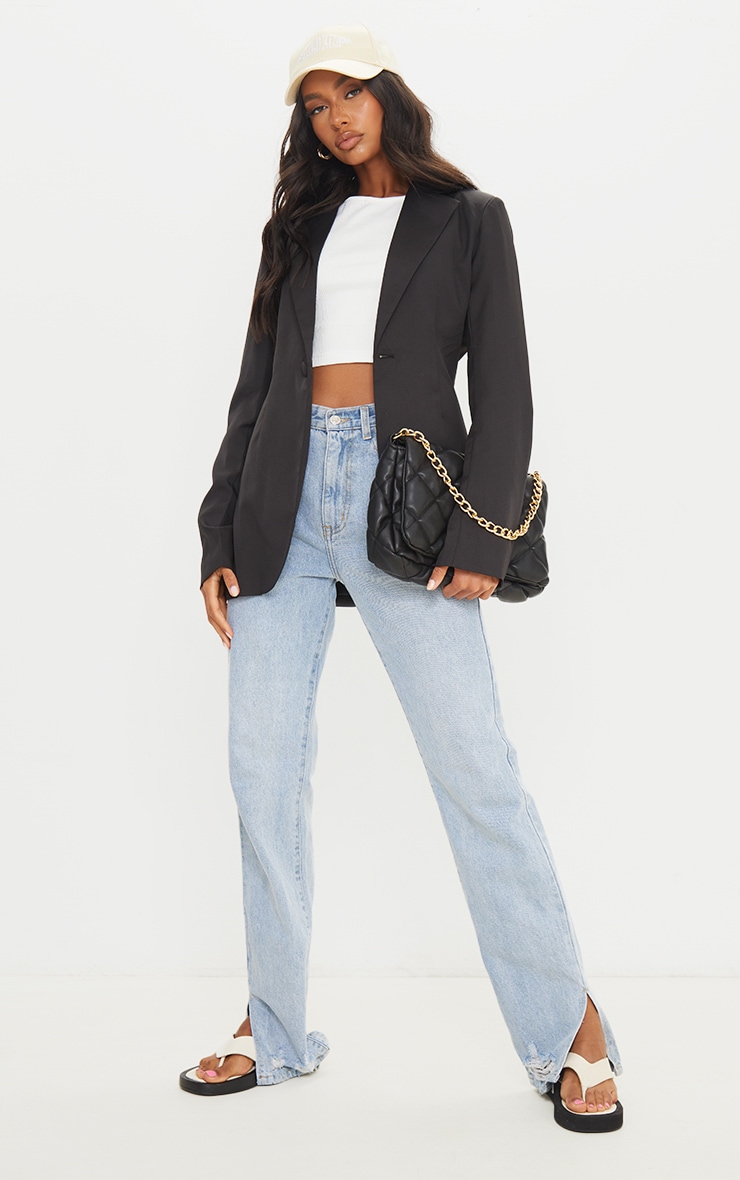 Black Woven Cinched Curve Hem Blazer image 3