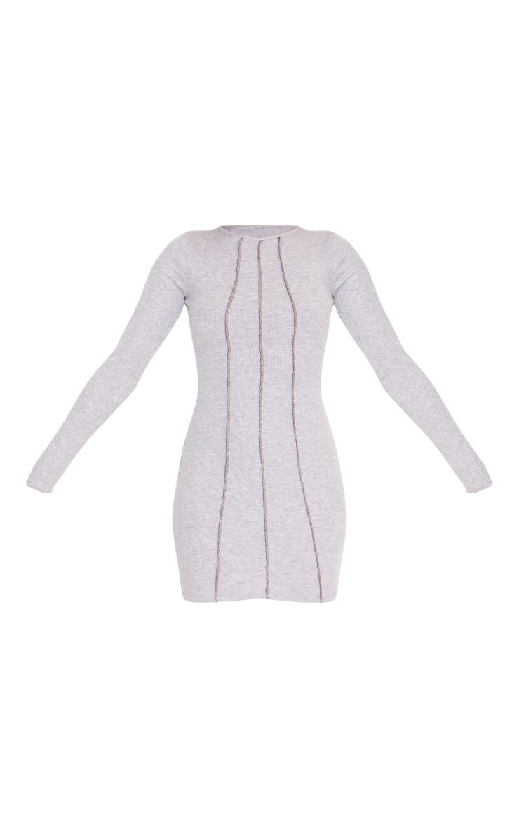 Grey Marl Rib Contrast Exposed Stitch Long Sleeve Bodycon Dress image 5