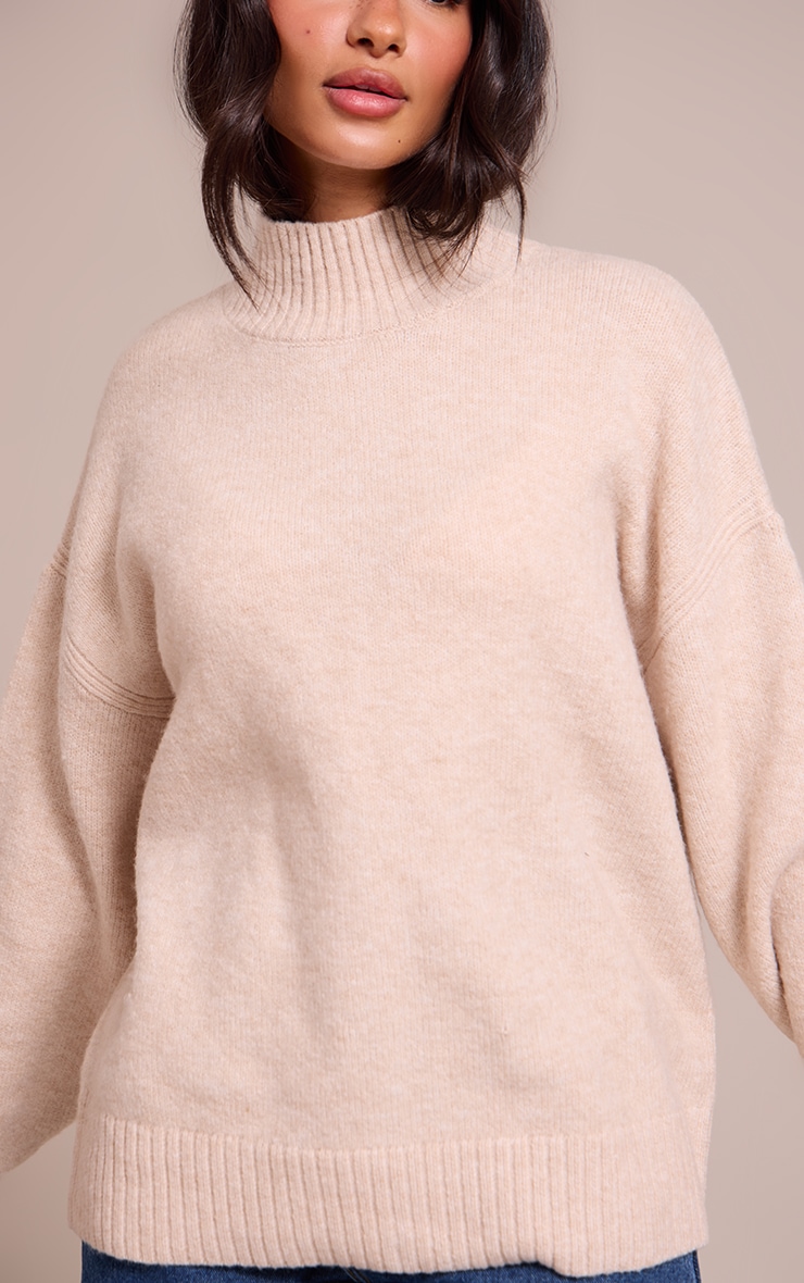 Petite Oatmeal Knit Oversized Polo Neck Sweater image 4