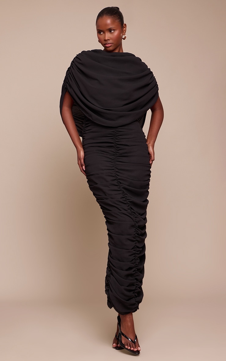 Robe longue en mousseline de soie noire froncée à partie superposée image 1