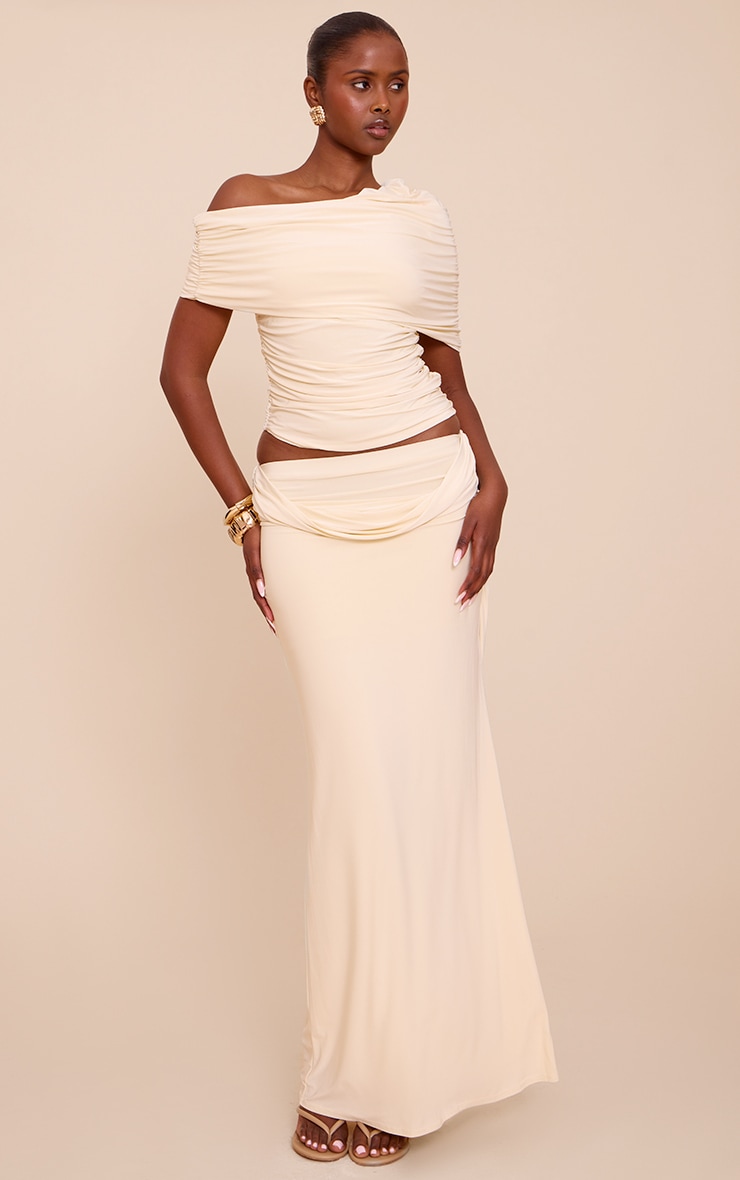 Cream Double Layer Slinky Ruched Bardot Long Top image 3