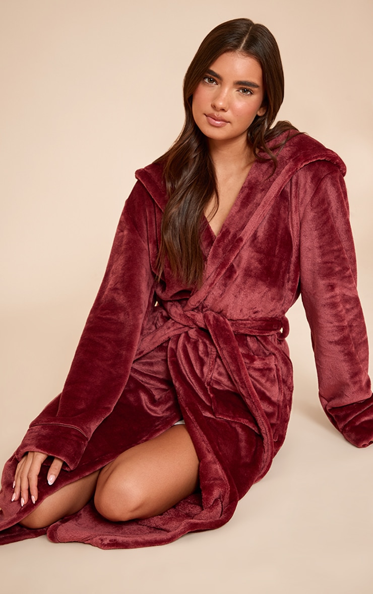 Burgundy Fleece Maxi Hooded Dressing Gown image 3