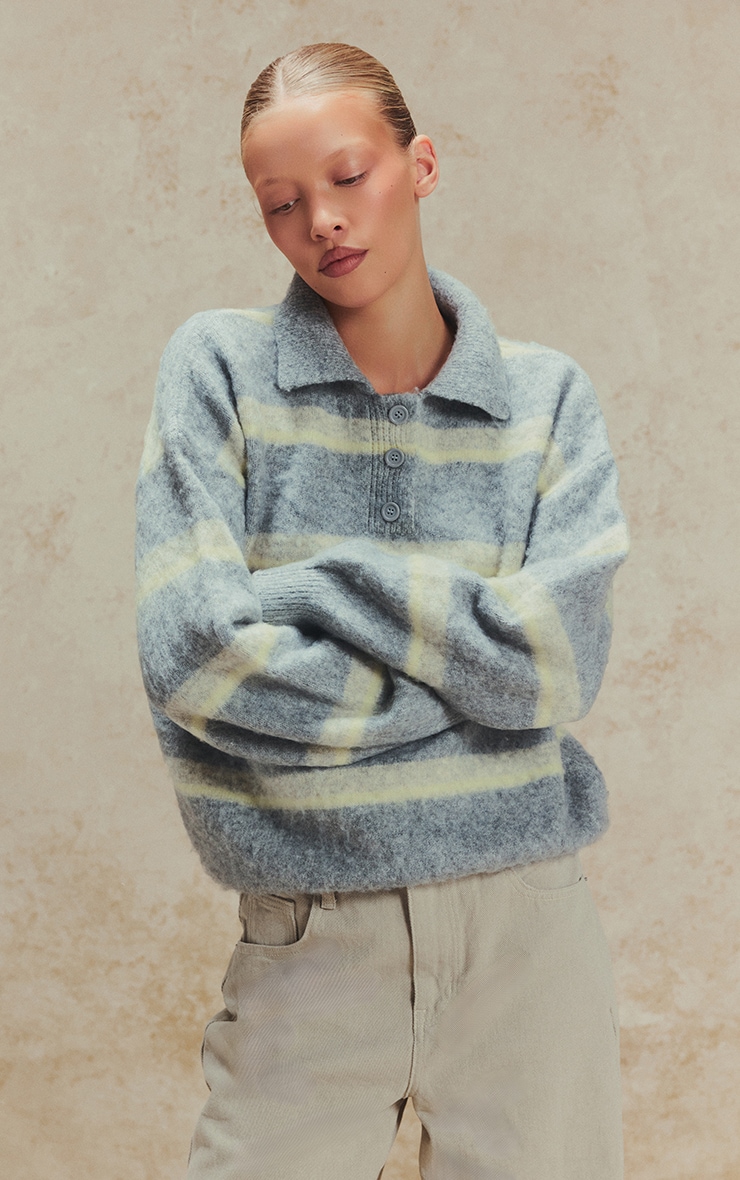 Grey Striped Brushed Knit Oversized Rugby Style Jumper