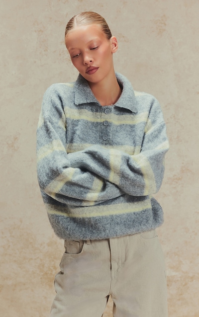 Grey Striped Brushed Knit Oversized Rugby Style Jumper