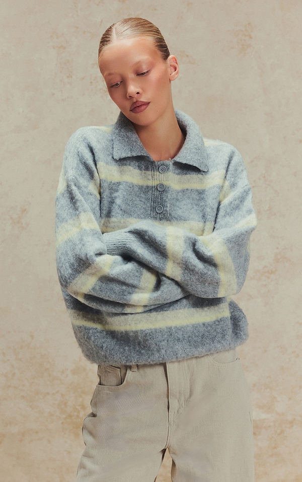 Grey Striped Brushed Knit Oversized Rugby Style Sweater 