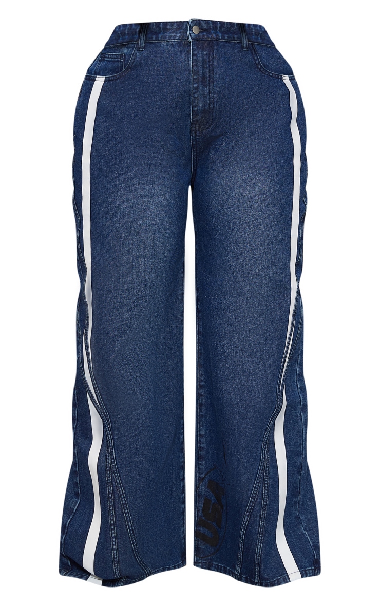 Plus Mid Blue Wash Graphic Detail Panelled Wide Leg Jeans image 5