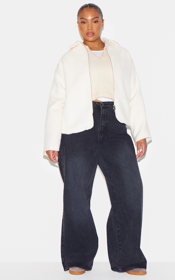 Plus Cream Wool Look Wide Collar Zip Up Jacket image 3