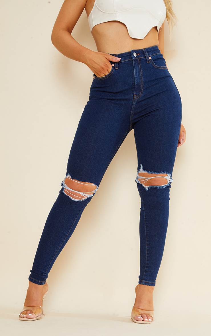 PRETTYLITTLETHING Indigo 5 Pocket Knee Rip Skinny Jeans image 2