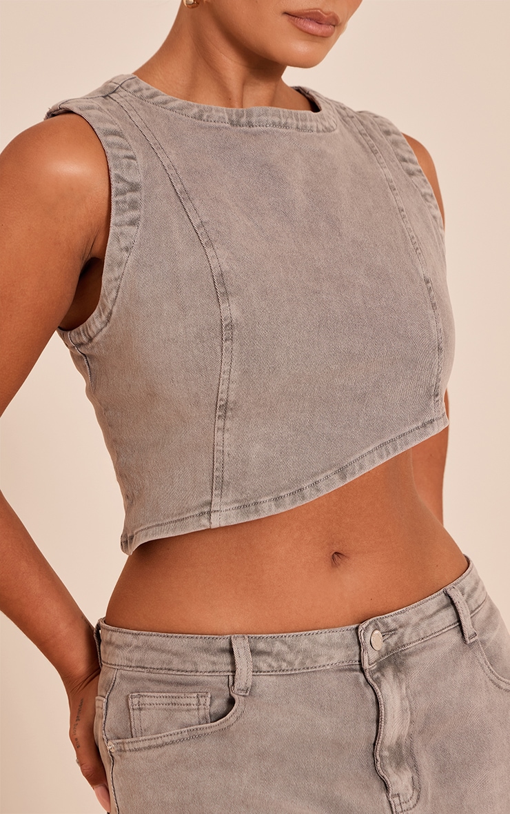 Shape Mushroom Stretch Denim Washed Asymmetric Crop Top image 4