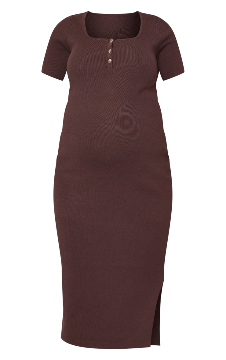  Maternity Chocolate Soft Knit Button Midi Dress image 5