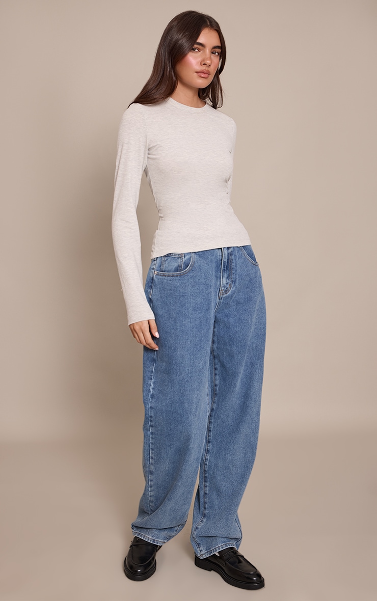 Grey Marl Soft Cotton Crew Neck Longline Long Sleeve Top image 3