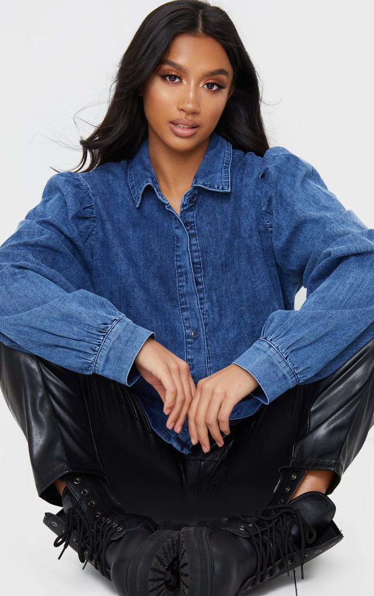 Petite - Chemise en jean bleu foncé à manches bouffantes