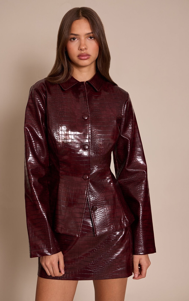 Dark Wine Croc Faux Leather Mini Skirt  image 4