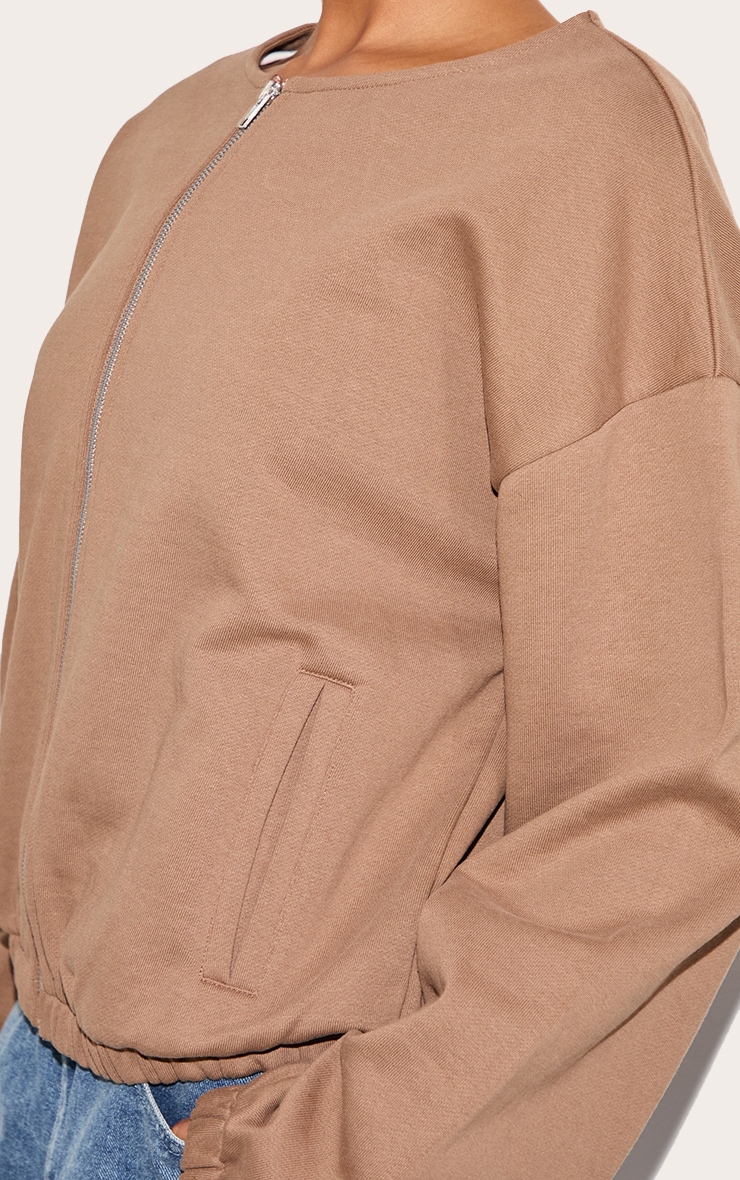 Taupe Premium Oversized Boxy Collarless Zip Sweat Top image 4