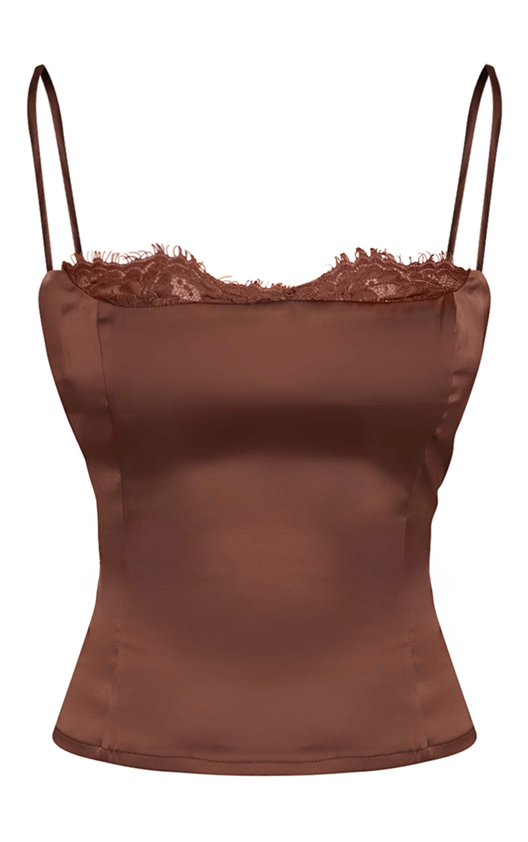 Top ajusté satiné chocolat à empiècement en dentelle image 5