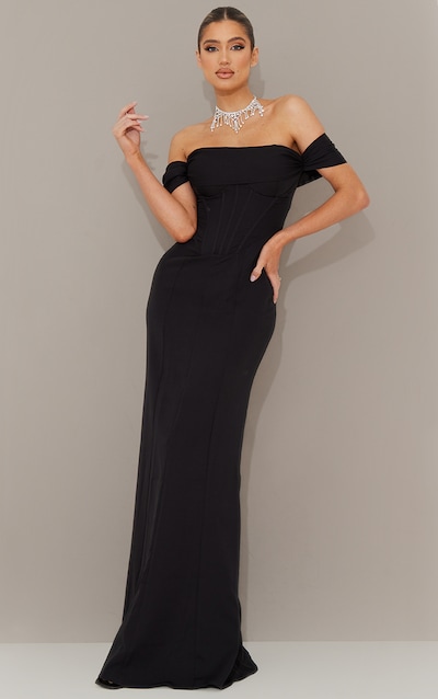 Robe de soirée style corset noire à col bardot
