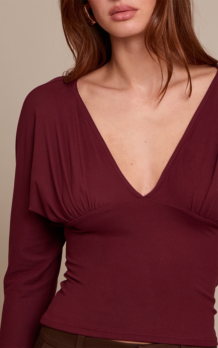 Wine Ultra Soft Plunge Detail Long Sleeve Top image 4