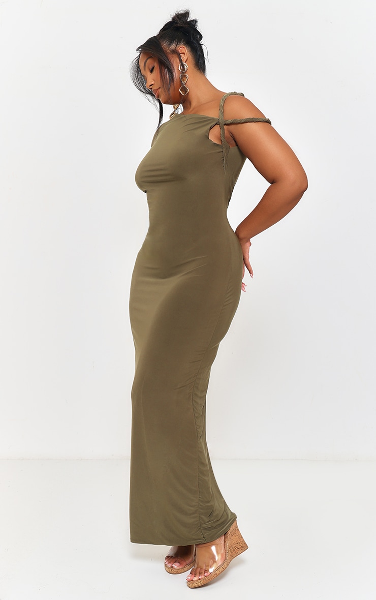 Plus Dark Olive Slinky Twist Shoulder Midaxi Dress image 3