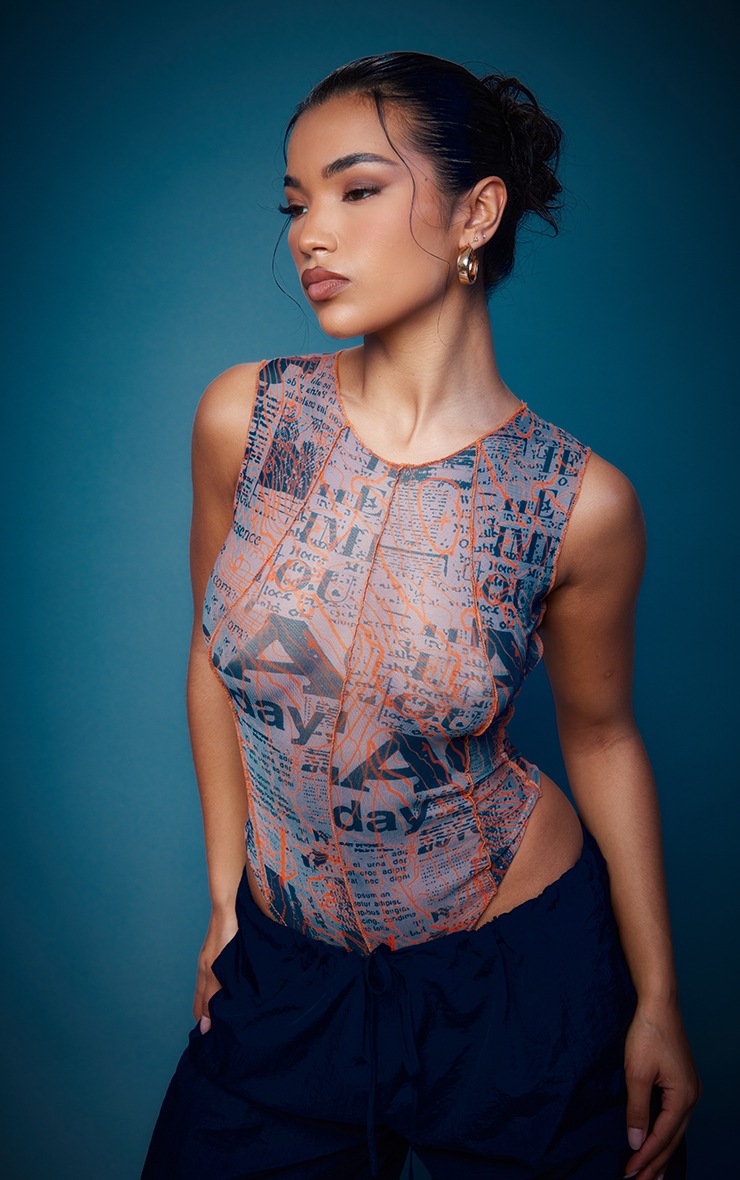 Multi Newspaper Printed Contrast Stitch Bodysuit