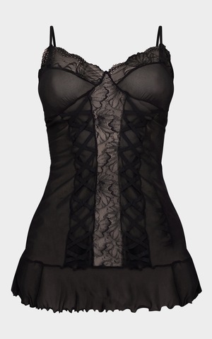 Women's Vintage Cignal Lingerie Black Mesh Lace Pleated Babydoll Dress