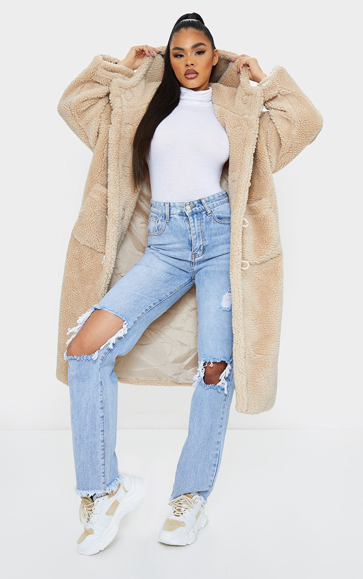 Sand Faux Fur Teddy Toggle Maxi Coat