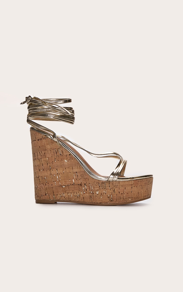 Gold Wide Fit Pu Strappy Lace Up High Heel Cork Wedges image 2