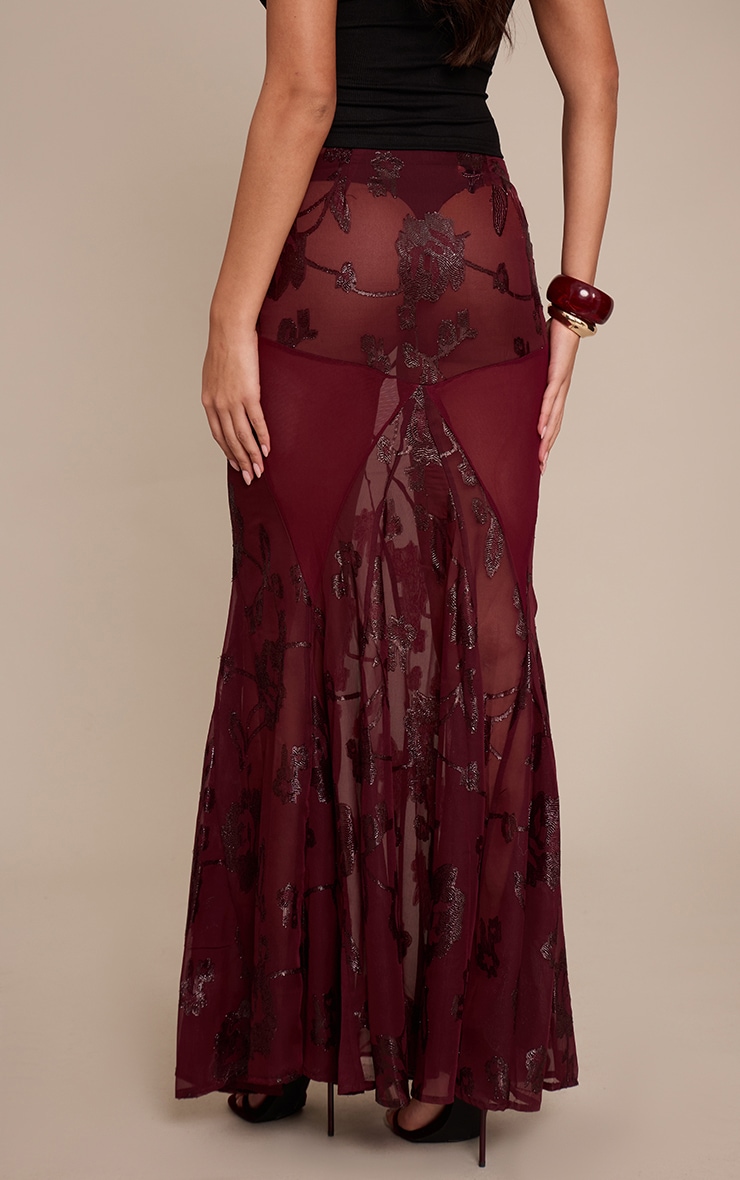 Plum Embroidered Sheer Godet Maxi Skirt image 3