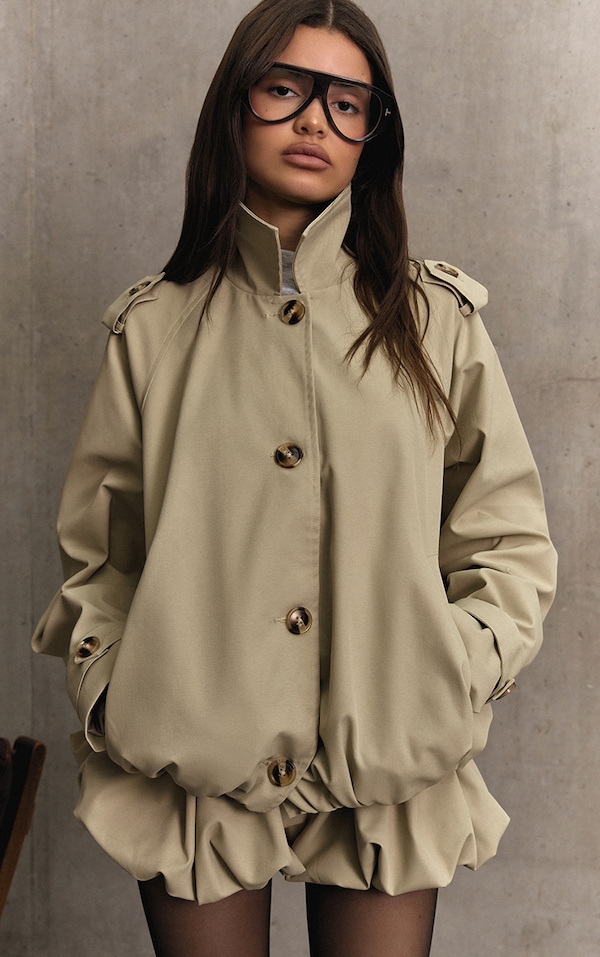 Stone Puffball Hem Cropped Trench Jacket