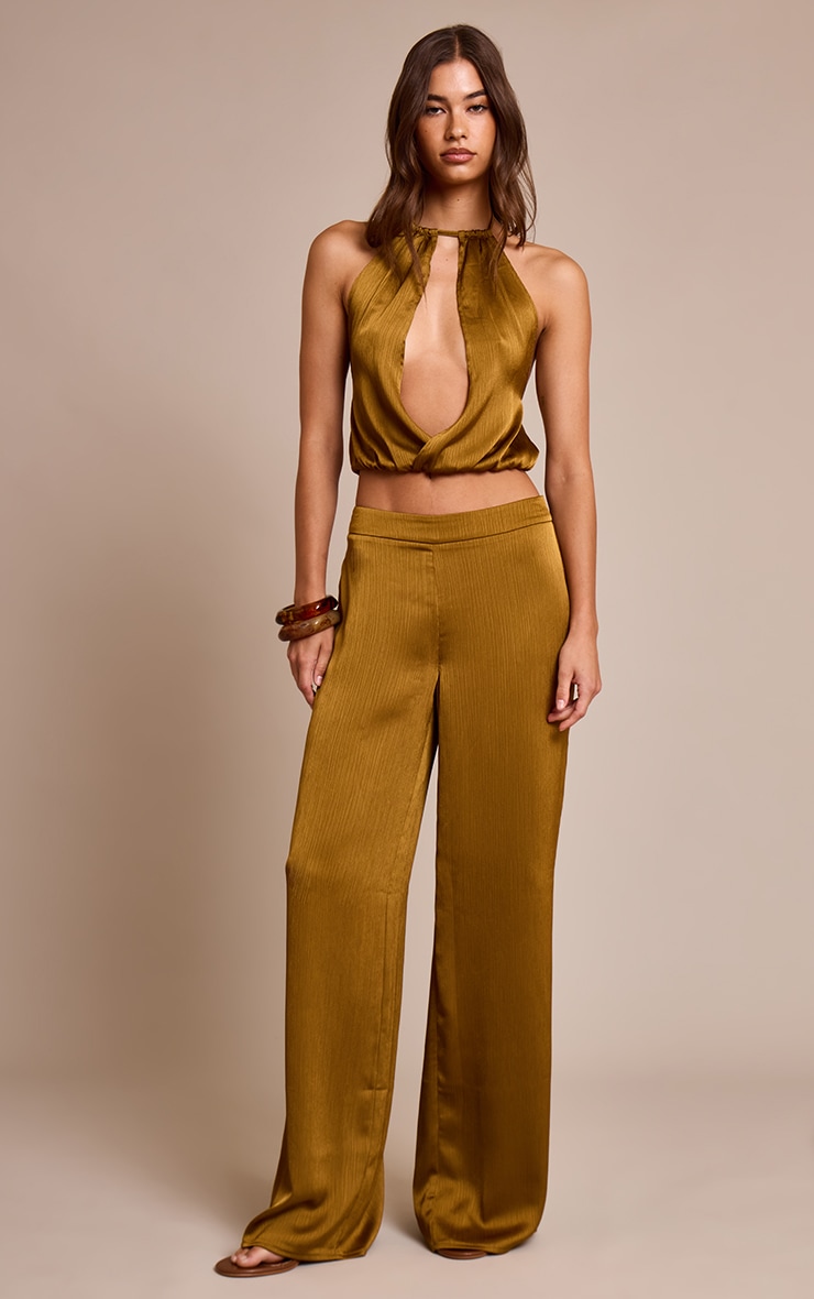 Dark Chartreuse Crinkle Satin High Waisted Wide Leg Pants image 1