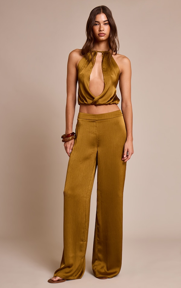 Dark Chartreuse Crinkle Satin High Waisted Wide Leg Pants