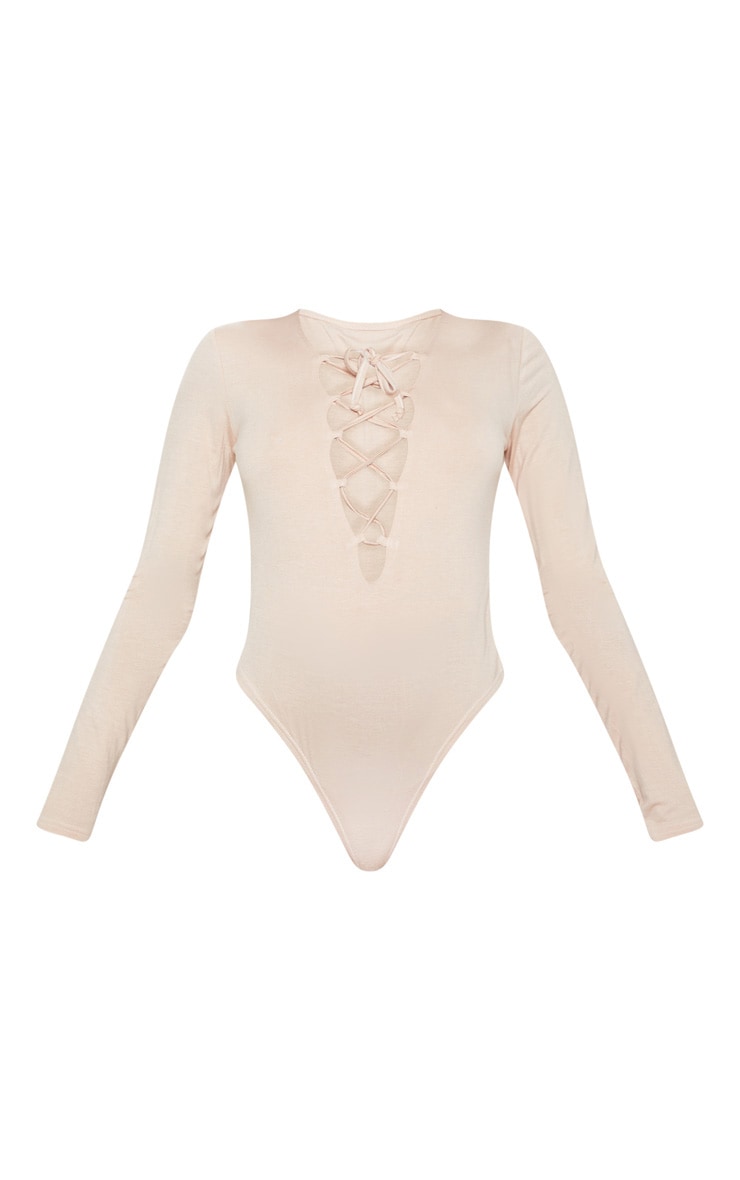 Nude Jersey Lace Up Long Sleeve Bodysuit image 3