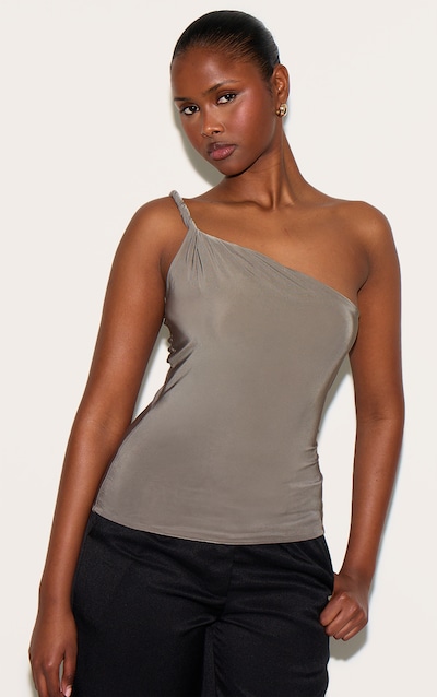 Mushroom Double Layer Slinky Twist Detail One Shoulder Long Top