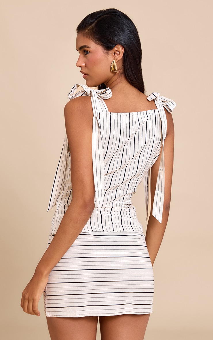 Sand Striped Linen-Blend Shoulder Tie Detail Layered Bodycon Dress image 2