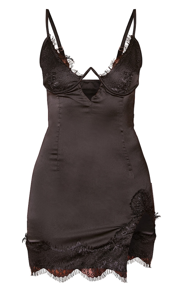 Black Satin Lace Detail Underwired Slip Dress PrettyLittleThing