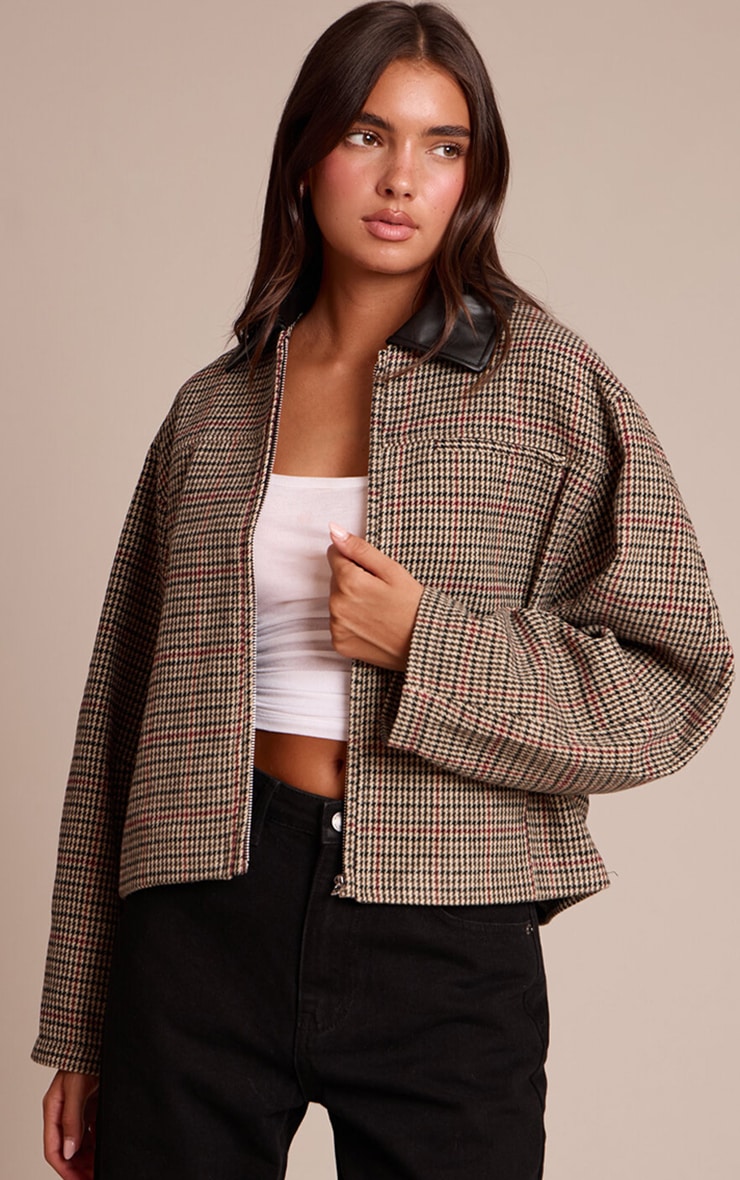 Brown Checked PU Collar Zip Up Jacket image 1